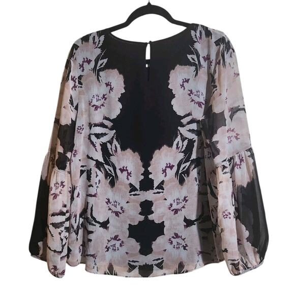 Calvin Klein Women's M Floral Chiffon Blouse Peasant Top Black Long Flowy Sleeve - Picture 7 of 12